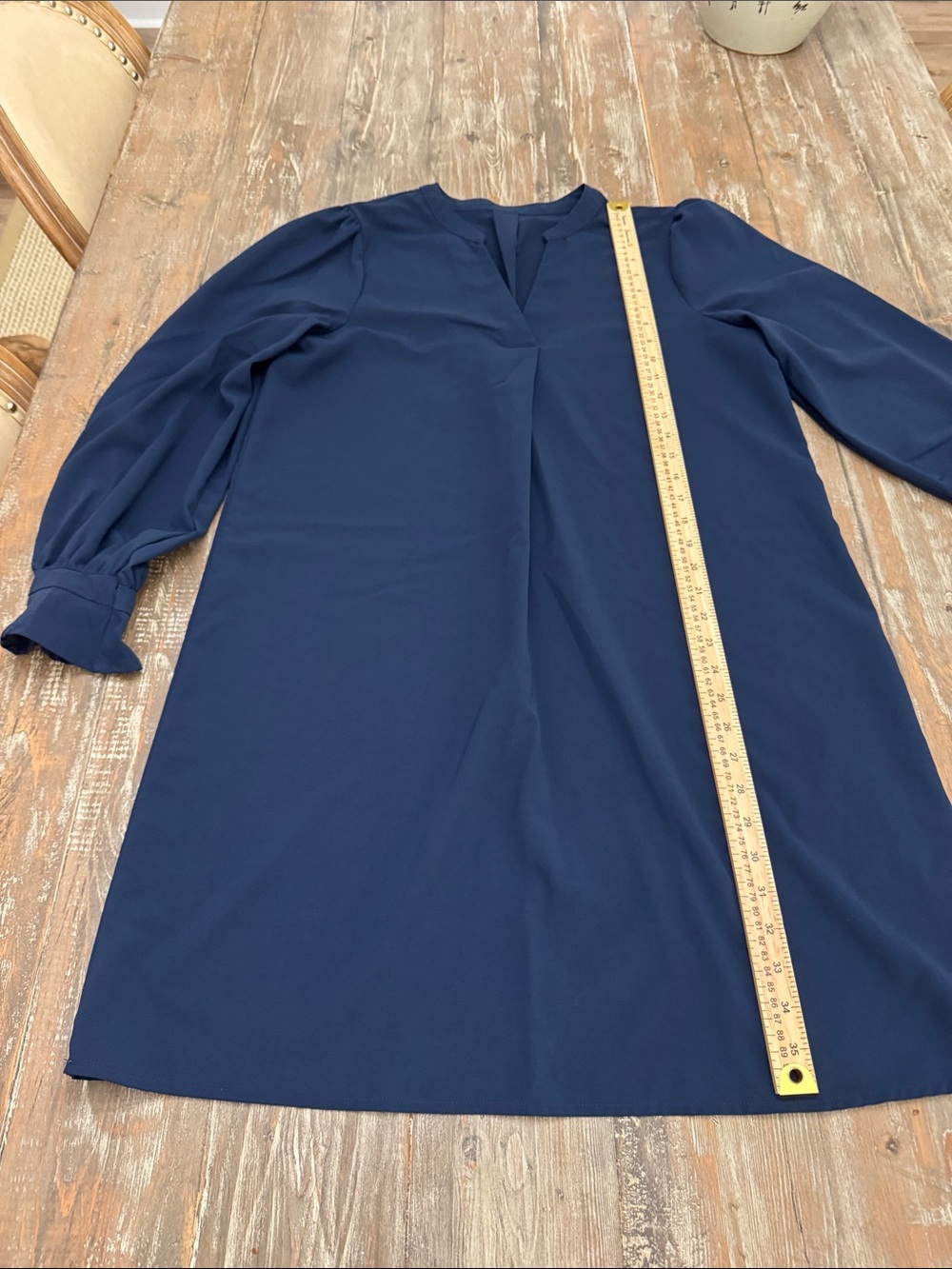 Navy Blue Long Sleeve V-Neck Shift Dress